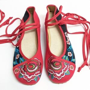 Black and red Asian inspired ankle strap flats 7.5